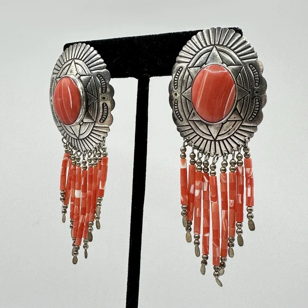 Navajo Sterling Silver Coral Dangle Earrings TK Emerson Southwestern Pierced 3